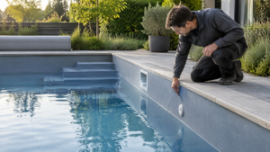 Fachkraft prüft die Poolfolie und Einbauteile an einem privaten Pool.