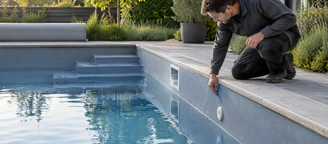 Fachkraft prüft die Poolfolie und Einbauteile an einem privaten Pool.